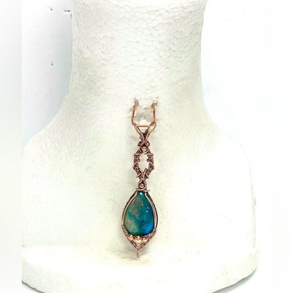 HANDCRAFTED Chrysocolla Hand Wrapped Oxidized Pure Copper Statement Pendant - Picture 7 of 10